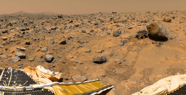 Sojourner rover roams around boulders delivered by an ancient flood.